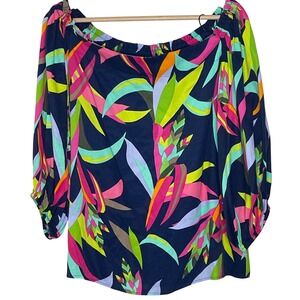 Trina Turk Womens Tropical Floral Off Shoulder Blouse Navy Pink Green 2203118PT1